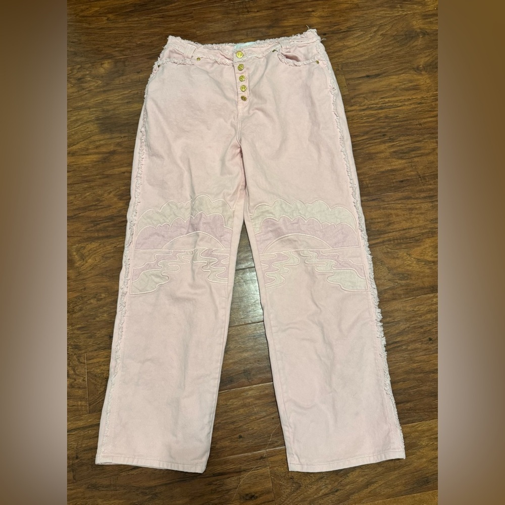 House of Sunny Day Tripper Jessie Jeans Pink Cloud Embroidery High Waist US 10